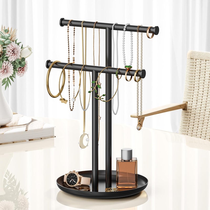 Jasopaco Necklace Rack Stand with Storage Tray - 2 Rods T-Shaped Jewelry Holder Stand for Bracelets, Earrings, Rings | Elegant Vanity & Dresser Top Storage for Women, Black. - Image 4